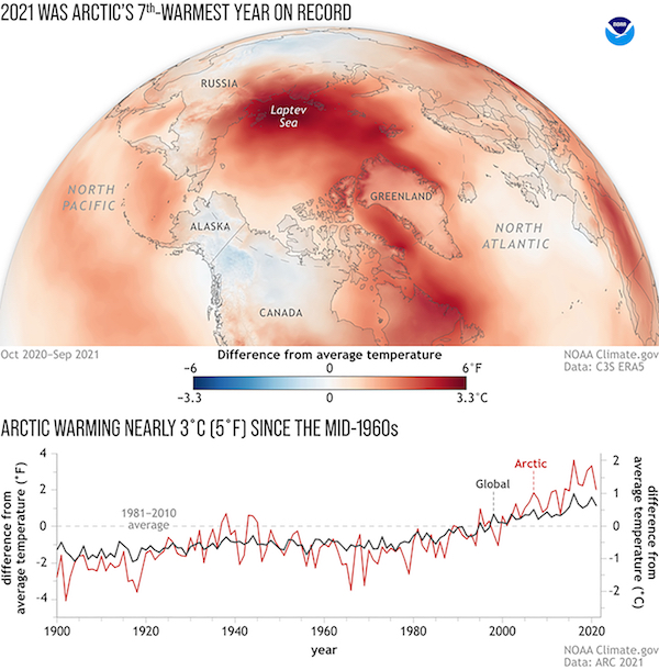 L'écart par rapport à la température moyenne à travers l'Arctique en 2020
